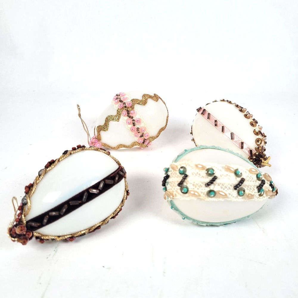 Vintage Glass Beaded Eggs Ornaments Set of 4 Embellished‎ Handcrafted Pink Green